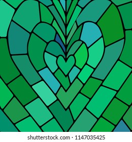 abstract vector stained-glass mosaic background - green and blue heart