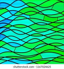 abstract vector stained-glass mosaic background - green and blue waves