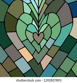 abstract vector stained-glass mosaic background - teal and brown heart