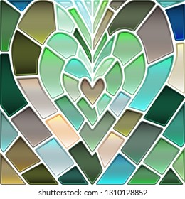 abstract vector stained-glass mosaic background - green and brown heart