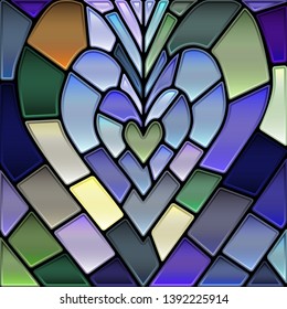 abstract vector stained-glass mosaic background - green and violet heart