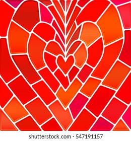 abstract vector stained-glass mosaic background - red and orange heart