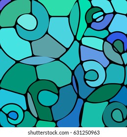 abstract vector stained-glass mosaic background - blue and green spirals