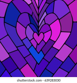 abstract vector stained-glass mosaic background - purple and violet heart
