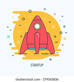 Abstract vector startup icon. Flat thin line sign web design. Business icon of rocket, like a symbol of successful completion. Modern pictogram of launch symbol. Creative cosmic print.