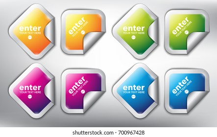Abstract vector sticker set of 8. Square vector stickers with curled corner and place for your text. Colorful and glossy on the white panel. Vector illustration. Eps10.