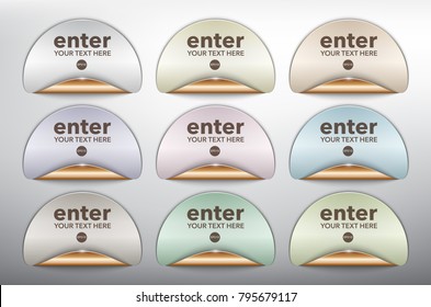 Abstract vector sticker set of 9. Round sale stickers in pastel colors with bronze curled corner. Isolated with transparent light and shadow on the white panel. Vector illustration. Eps10.