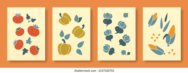 Abstract vector still life depicting vegetables on a colored background in pastel colors. Collection of contemporary art. Vector set of vegetables, tomatoes, peppers, turnips, corn for social media.