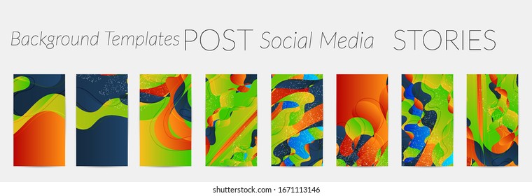 Abstract vector stories background set with bright gradient wavy organic overlapping shapes grunge textured. Disco music 80’s poster design. Blog post frame or border. Social media booster.