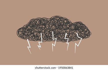 Abstract vector storm clouds and thunder hand drawn chaotic tangle doodles Sign bad weather impending rain storm thunder rolls Symbol stress depression psychosis mental crisis personality headache