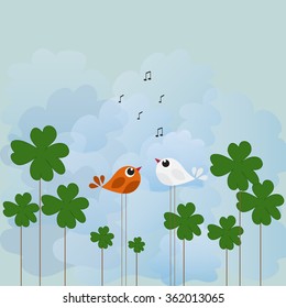 Abstract vector for St.Patrick day with cloves and cute birds, blue background 