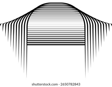 Abstrato Vetor listrado padrão de linhas paralelas pretas finas em um fundo branco em estilo retro. Elemento de design para publicidade, embalagem, impressão. Fundo do vetor Sharp simétrico.