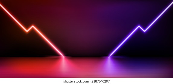 Abstract vector studio with glowing neon zigzag lamps. 3d vector illustration