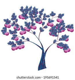 Abstract vector stylized tree with blue leafs and apple.