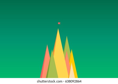 Abstract vector success concept with simple geometric mountains landscape, flag, turquoise color background and place for text