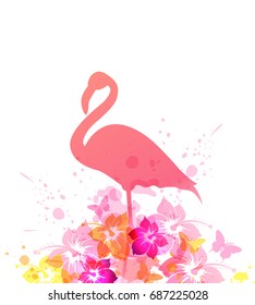 Abstract vector summer background with pink flamingo and tropical flowers. 