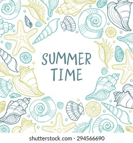Abstract vector summer background. Seashell round design element. Banner with seashells and starfishes. 