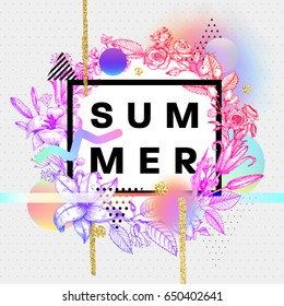 Abstract vector summer poster with liquid bubbles, flowers and memphis elements. 80s retro placard style.