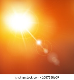 Abstract vector summer sunlight illustration. Sunny yellow background sky with defocused lights. Special sun lens flare light effect. EPS 10.