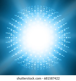 Abstract vector sun glow blue background. Points chaotically flying in space with bokeh. Flying debris with dof. Futuristic technology style. Elegant background for business presentations.