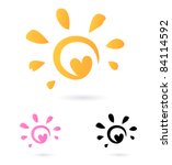 Abstract vector Sun icon with Heart -  orange & pink, isolated on white Vector Sun sign or icon isolated on white background.