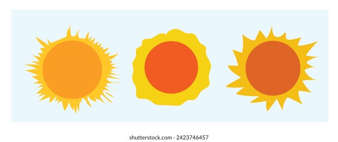 Abstract Vector sun shapes. Rising sun, sunset, dawn illustrations set. Fire colors round shape, watercolour stains. Orange red yellow circle, flaming crown frame. Maslenitsa, Shrovetide background.