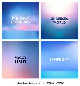 Abstract vector sunset blurred background set. Square blurred background - sky clouds colors With love quotes