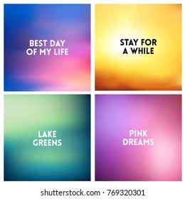Abstract vector sunset blurred background set. Square blurred background - sky clouds colors With love quotes
