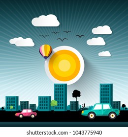 Abstract Vector Sunset City with Buildings and Cars on Stret