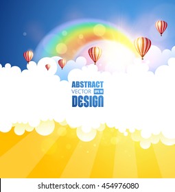 Abstract vector sunset and clouds background with rainbow and flying balloons. Vector design.

