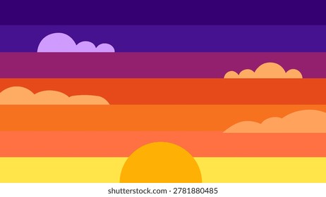 Abstract vector sunset sky. Horizontal bands of purple to yellow. Minimalist flat design clouds. Golden sun at the bottom. Clean geometric stripes. Calm evening vibe.