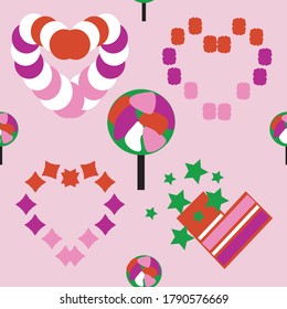 Resumen vectorial muestra de corazones y ollipops en color rosa, rojo, blanco, verde, morado y negro sobre un fondo rosado.