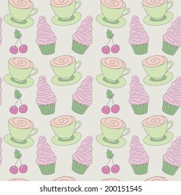 Abstract vector, sweet cupcake,cup coffee and cherry, seamless wallpaper background pattern design. e p s 8