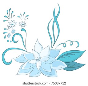 Abstract vector symbolical blue flowers and leaves on a white background
