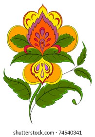Abstract vector symbolical flower with green leaves on a white background