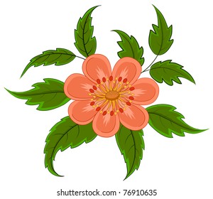 Abstract vector symbolical flower with green leaves on a white background