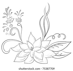Abstract vector symbolical flower, monochrome contours, isolated