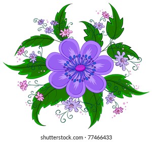 Abstract vector symbolical lilac flower with green leaves on a white background