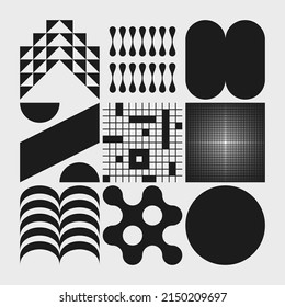 Resumen de la colección de símbolos vectoriales con efecto aleatorio inspirada en la estética brutalista realizada con formas geométricas y elementos gráficos para afiches, cubiertas, artes, presentaciones, impresiones, papel tapiz, etc.