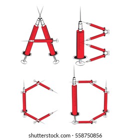 Abstract vector syringe alphabet A, B, C. Alphabet of medicines on a white background.