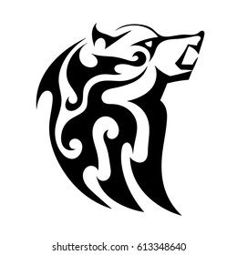 Abstract vector tattoo of a wicked strong wolf on a white background. Angry beast bared fangs. Stock illustration