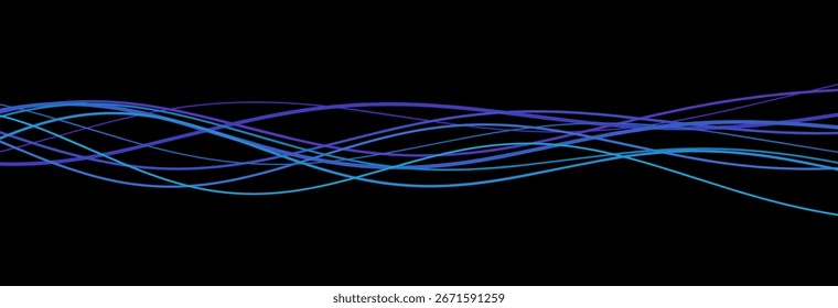 Abstract vector tech background with wavy blue and purple lines on black.