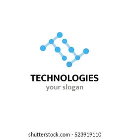 Abstract vector tech logo. Can be used for technology or communications companies, high-tech innovation. Two letters T consisting of molecules in blue color.