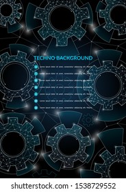 Abstract vector techno background with rotating gear wheels. Engineering, machinery, technology concept. A4 size. Can be used for brochure, cover, web banner, poster.