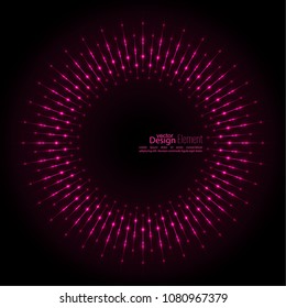 Abstract vector techno background with spirals and rays with glowing particles. 