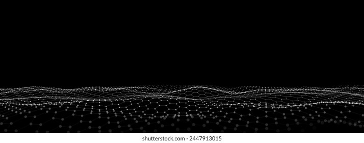 Tecnología de Vector Abstractas con onda hexagonal negra con puntos y líneas de movimiento. Ciberespacio oscuro en el fondo digital. Malla de hexágono dinámica. Telón de fondo médico. Textura futurista del modelo de alambres.