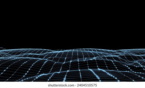 Abstract vector technology blue wave with motion glowing dots. Dark cyberspace in digital background. Connection big data. Futuristic wireframe texture. Dynamic analysis a network connection.