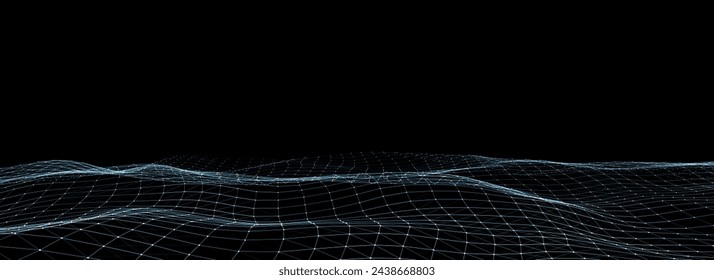 Abstract vector technology blue wave with motion glowing dots. Dark cyberspace in digital background. Connection big data. Futuristic wireframe texture. Dynamic analysis a network connection.