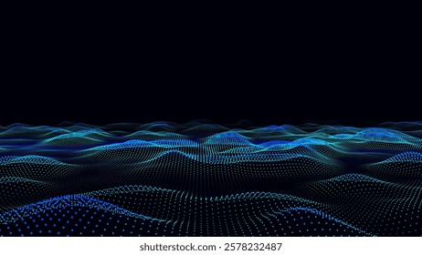 Abstract vector technology blue wave with motion glowing dots. Dark cyberspace in digital background. Connection big data. Futuristic wireframe texture. Dynamic analysis a network connection.