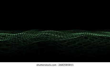 Onda hexagonal verde de tecnología de Vector Abstractas con puntos de movimiento y líneas. Ciberespacio oscuro en fondo digital. Malla hexagonal cibernética dinámica. Telón de fondo médico. Textura de estructura de alambre futurista.